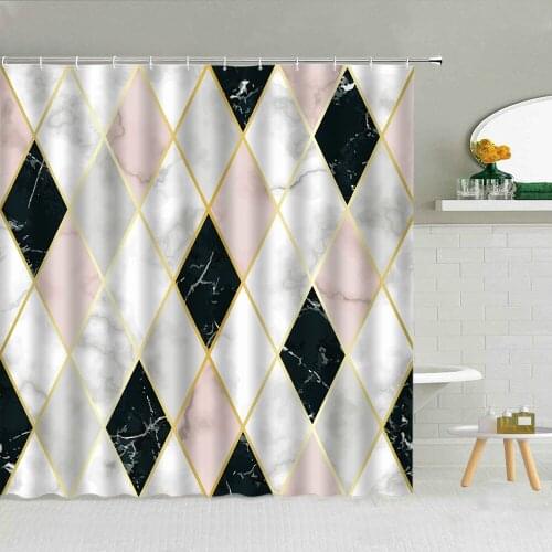 Modern Trendy Pink Gold Black White Marble Shower Curtain Geometric Pattern Bathroom Decor 3D Printed Waterproof Fabric Curtains