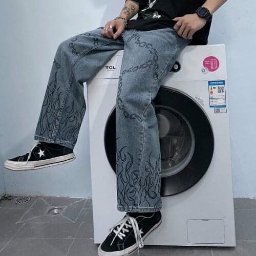 2020 New Autumn Casual Jeans Woman Long Trousers Cowboy Female Loose Streetwear Graffiti Flame Print Pants ZA5128