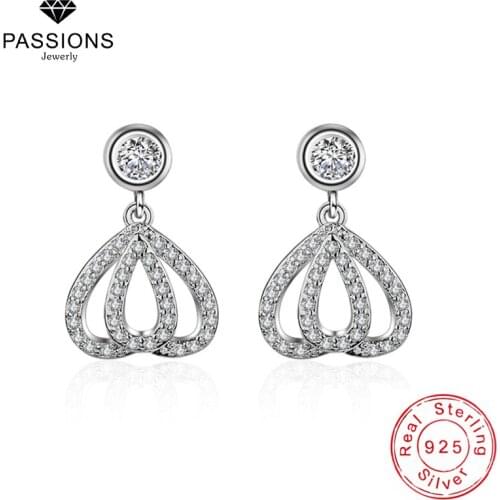 New Fashion AAA Zircon 3D Double Heart Drop Earrings 925 Sterling Silver Rhinestone Pendant Ear Stud Women Earring Jewelry Gift