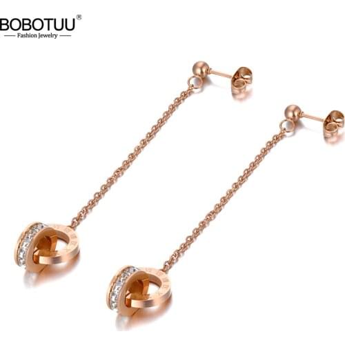 BOBOTUU Fashion Stainless Steel CZ Crystal Tassel Dangle Earrings For Women Classic Roman Numerals Wedding Jewelry BE20054