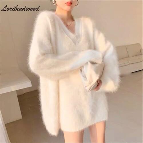 Loribindwood 2021 New Fall/winter Mink Velvet White V-neck French Sweater Pullover Mid-length Loose and Lazy Outer Wear Women