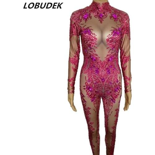 Rose/Blue/White Rhinestones Skinny Jumpsuit Sexy DJ Female Singer Stage Wear Stretch Crystals Bodysuit Nightclub Dancer Costume