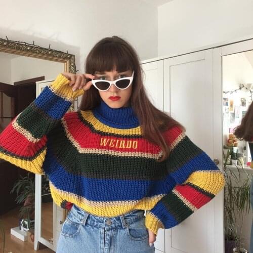 Aw2021 Minga @ Rainbow Stripe letter embroidery high neck loose casual Pullover Sweater women