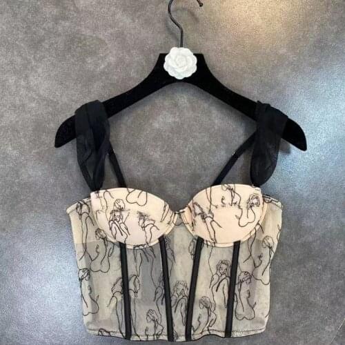 2021 Spring New Sleeveless Mesh Strap Embroidery Tank Tops Women Camisole Sexy V-Neck Corset Crop Top French Style Vintage