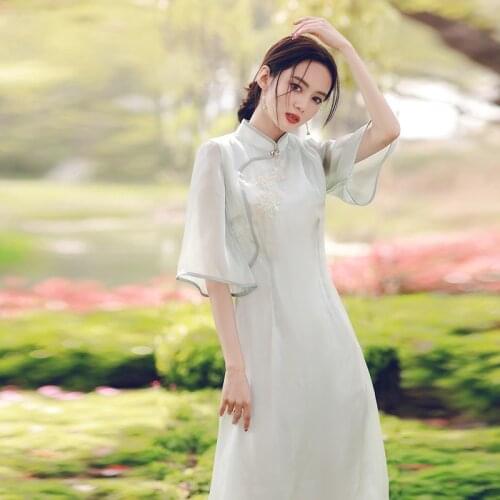 Women Summer Design Sense Niche Trumpet Sleeve Elegant Style Cheongsam Improved Jacquard Retro Floral Ladies Midi Chiffon Dress