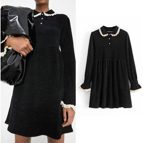 Za 2020 Fashion Women Vintage Knitting Cotton Dress Long Sleeve Thick Autumn Winter Dress Elegant Lace Mujer Vestidos