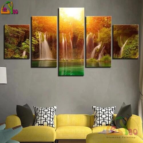 5 Panel 5D Diy Diamond Painting Waterfall Lake Natural Landscape Painting Full Drill Mosaic Diamond Embroidery Sale Rhinestones