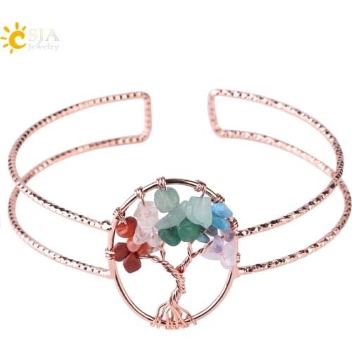 CSJA Natural Stone Rose Gold Color Bracelet Wide Cuff Open Bracelets Oval Tree of Life Charm Bangle for Women Reiki Jewelry F504