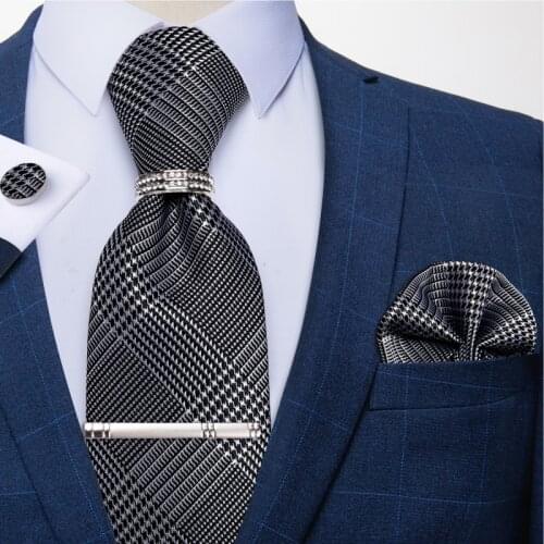 Houndstooth Black White Mens Neck Ties Pocket Square Cufflinks Business Wedding 8cm Ties For Men Tie Clip Tie Ring Set