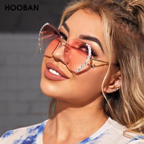 HOOBAN 2020 New Rhinestone Sunglasses Women Vintage Rimless Crystal Sun Glasses Female Luxury Diamond Eyewear Shade