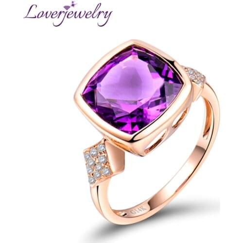 LOVERJEWELRY Solid 14K Rose Gold Jewelry Cushion Cut Natural Purple Amethyst Ring Lovely Gift For Girl Wholesale