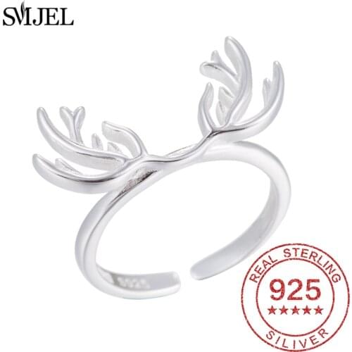 100% 925 Sterling Silver Rings For Women Christmas Deer Horn Leaf Feather Infinite Ring Fashion 925 Sterling Jewelry anel