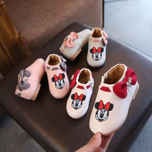 Disney childrens cartoon Minnie girl non-slip soft sole casual shoes bow princess short boots leather boots leather shoes