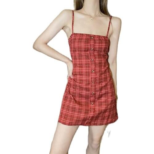 Summer Dress Women Back Bandage Buttons Red White Plaid Sexy Spaghetti Strap Dress Backless Club Dresses Female vestido de mujer