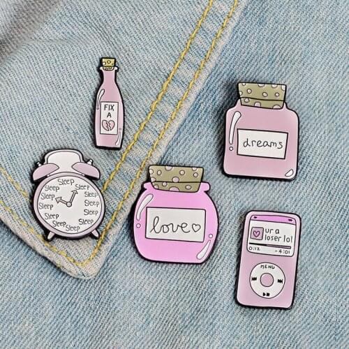 Fashionable Cute Cartoon Pink Alarm Clock Bottle Alloy Brooch Creative Enamel Jar MP5 All-match Backpack Clothing Accessories