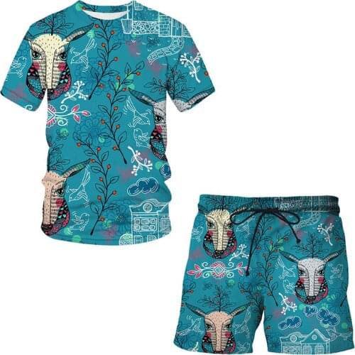 2021 New Men Casual animal Deer head Shorts New Shorts Mens Summer Casual Cool Short Pants Male Shorts + T shirt Suit Sets Tops