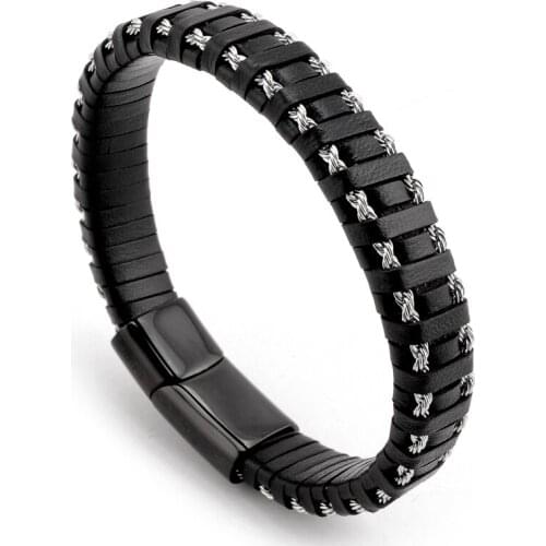 Classic Luxury With Black Color Leather Combination Stitching Simple Buckle For Stainless Steel Hand-Woven Mens Bangle