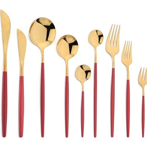 JANKNG Red Gold Cutlery Set Stainless Steel Dinnerware Set Knife Fork Spoon Dessert Silverware Dinner Tableware Flatware Set
