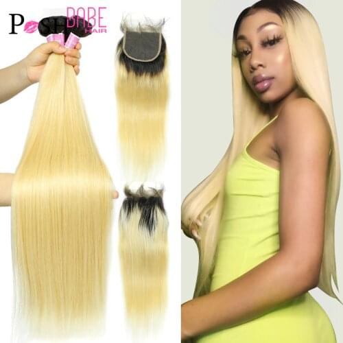 28 30 32 Inch Hair Extensions Brazilian Straight Remy Human Hair Bundles with Closure 1B 613 Ombre blonde 3 Bundles with Closure