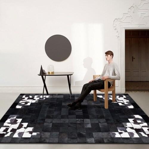 Genuine cowhide skin fur patchwork rug, black and white mixed living room carpet decorative dining room real leather floor mat