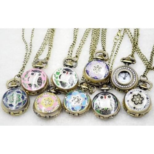 Wholesale 10 PCS Mix owl quartz pendant children woman and men More color pokcet watches gift LP58