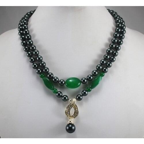 2 rows 8mm black shell pearl mixed green jadeS necklace+14mm black pearl pendant