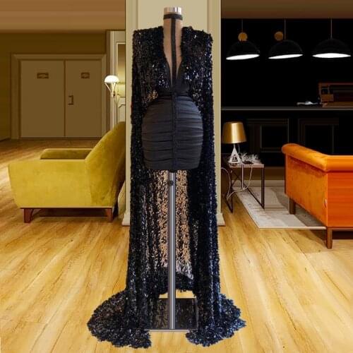 Sexy Black Sequins Formal Party Dresses High End Deep V Neck Shiny Dress With Queen Cloak robe sirene cocktail