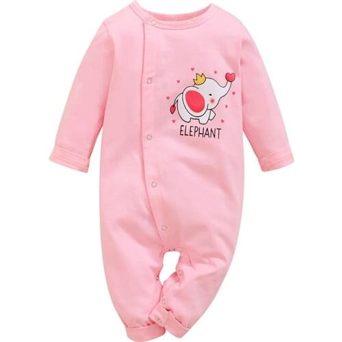 Pink Elephant Romper Baby Long Sleeve Buttons Cotton Kids Jumpsuit Spring O neck Toddler Girls Playsuit Pullover Clothing D20