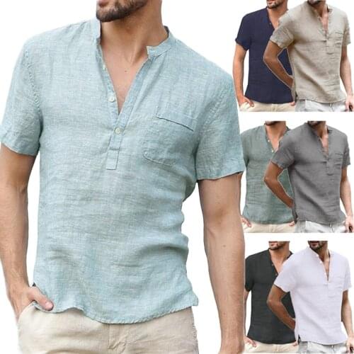 New Spring Men Fashion Cotton Short Sleeve Shirts Stand Collar Solid Color Buttons Blouse Casual Slim Fit TopsT-Shirt Work Tees
