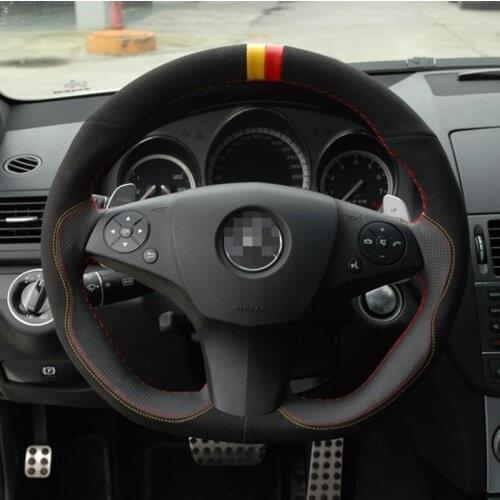SmRKE For Benz C63 High Quality Hand-stitched Anti-Slip Black Leather Black Suede Red Thread DIY Steering Wheel Cover