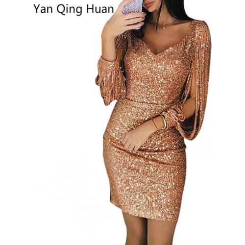 Yan Qing Huan Explosion Models V-neck Tassel Long-sleeved Slim Bag Hip dress Sexy Fashion Puff Sleeve Evening Womens Dress