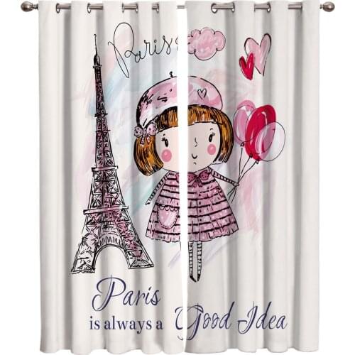 Little Girl Tower Retro Balloon Art Clouds Window Curtains Living Room Curtain Rod Kitchen Drapes Fabric Home Decor