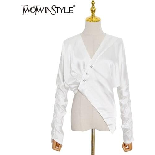 TWOTWINSTYLE White Asymmetrical Hem Button Up Shirt For Women V Neck Batwing Sleeve Fold Pleated Solid Blouses Female 2021 Style
