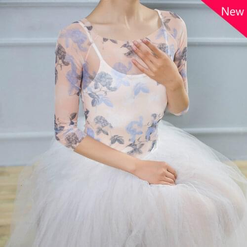 Women See-through Sheer Mesh T-Shirt Crop Top Flower Printed Tops Girls Stage Dancewear Latin Ballroom Samba Practice Costume