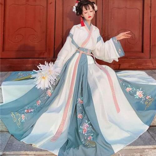 2021 Spring New Blue Hanfu Suit Cross Collar Embroidered Women Waist-Length Fairy Cosplay Costume Patchwork Ancient Clothes