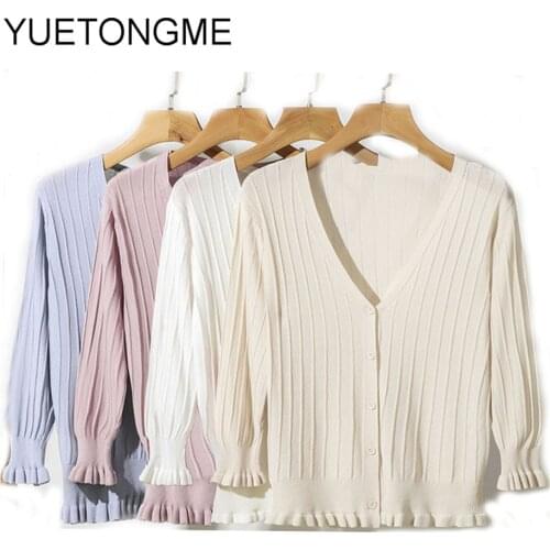 Knitted Cardigan Women Korean Short Sweater Long sleeve V neck Green Blue SW084