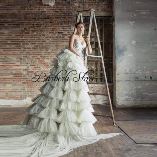 Charm Spaghetti Strap V-neck Fluffy Prom Gowns Chic Flowers Tiered Ruffles Bridal Ball Gowns Lush Formal Party Dress