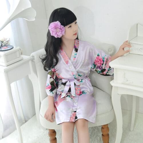 2021 Wholesale Silk Children Peacock Print Kimono Half Sleeve Kids Robe Nightwear Summer Fashion Girls Baby Bathrobe Homewear