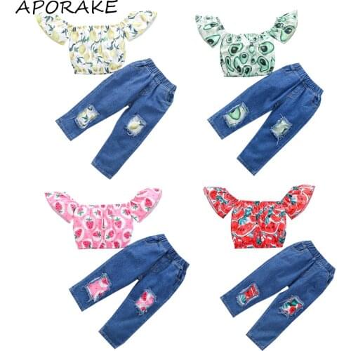 2021 0-4Y Casual Kids Baby Girl Clothing Set Fruit Print Off Shoulder Short Sleeve Blouse Top+Patch Denim Long Pants Trousers