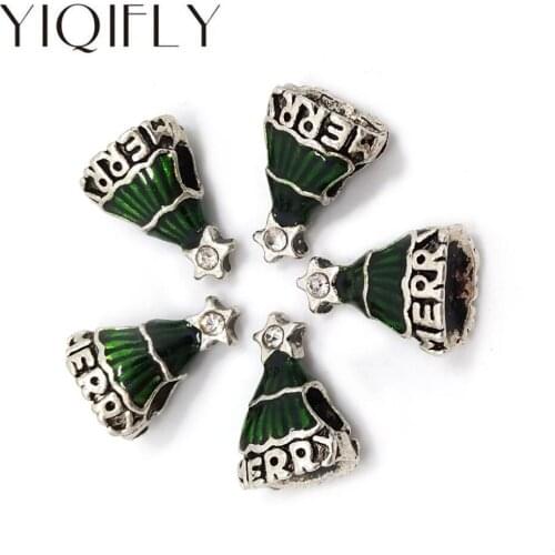 Free Shipping 30pcs Green Christmas Tree Shape Big Hole Alloy Beads with White Rhinestone fit Fashion Bracelet DIY
