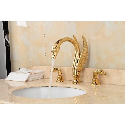 Free shipping golden CLOUR 3 PIECE SINK SWAN FAUCET BATHROOM lav mixer tap FAUCET