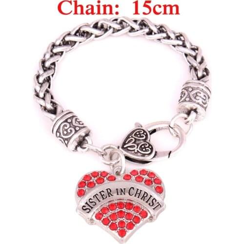 15CM Sister in Christ Pave Heart Charm Bracelet Silver Plated Lobster Clasp Clear Crystal Charm