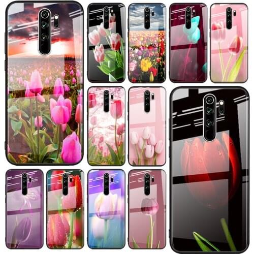 Tempered Glass Cover Tulips Flower Spring For Xiaomi Redmi Note 10 10S 9T 9S 9 8T 8 7 5G Pro Max Shockproof Phone Case