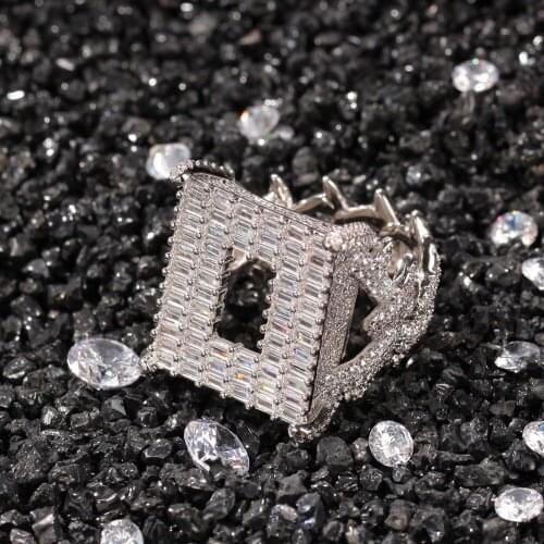 D&Z Hip Hop AAA Cubic Zirconia Bling Iced Out Square Cutout Ring Punk Style Domineering Luxury Ring Rapper Jewelry Gifts Gold