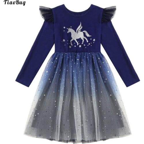 TiaoBug Summer Spring Navy Blue Kids Girls Round Neck Long Sleeves Glittering Cartoon Horse Print Gradient Color Mesh Dress