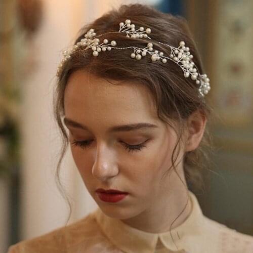 Elegant Handmade Beads Girls Headband Pearls Long Hair Vine Women Hairpiece for Party Banquet Tiara Wedding Hair Accessories