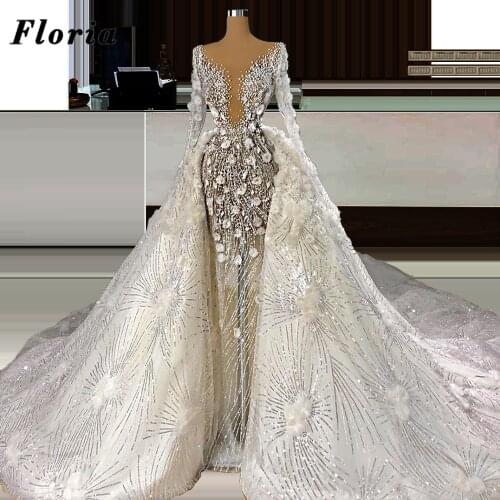 Kaftans Detachable Skirt Wedding Dresses 2021 Dubai Long Sleeves Beaded Bridal Gowns Glitter Brides Dresses Vestidos De Novia