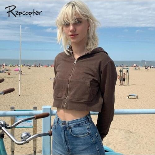 Rapcopter Brown Harajuku Jackets Y2K Long Sleeve Crop Top Zipper Hoodies Pockets Thin Coat Women Preppy Style Outfits Sporty 90S