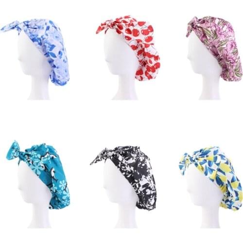 Women Reusable Waterproof Big Bow Shower Cap Adjustable Knot Strap Head Cover Floral Fruit Print Hair Protection Beanie Bath Hat
