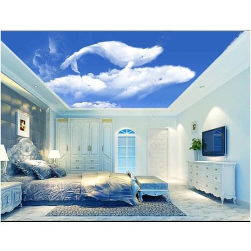 3d ceiling murals wallpaper custom photo Blue sky and white cloud whale swimming 3d wall mural wallpaper in the living room
